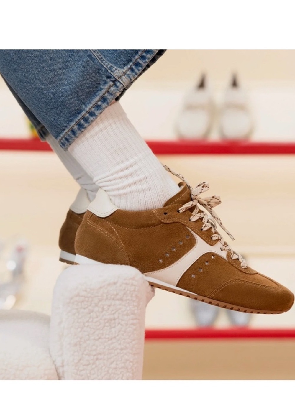Larroude Suede Leather Retro Runner Sneakers Camel Cream Women 6.5